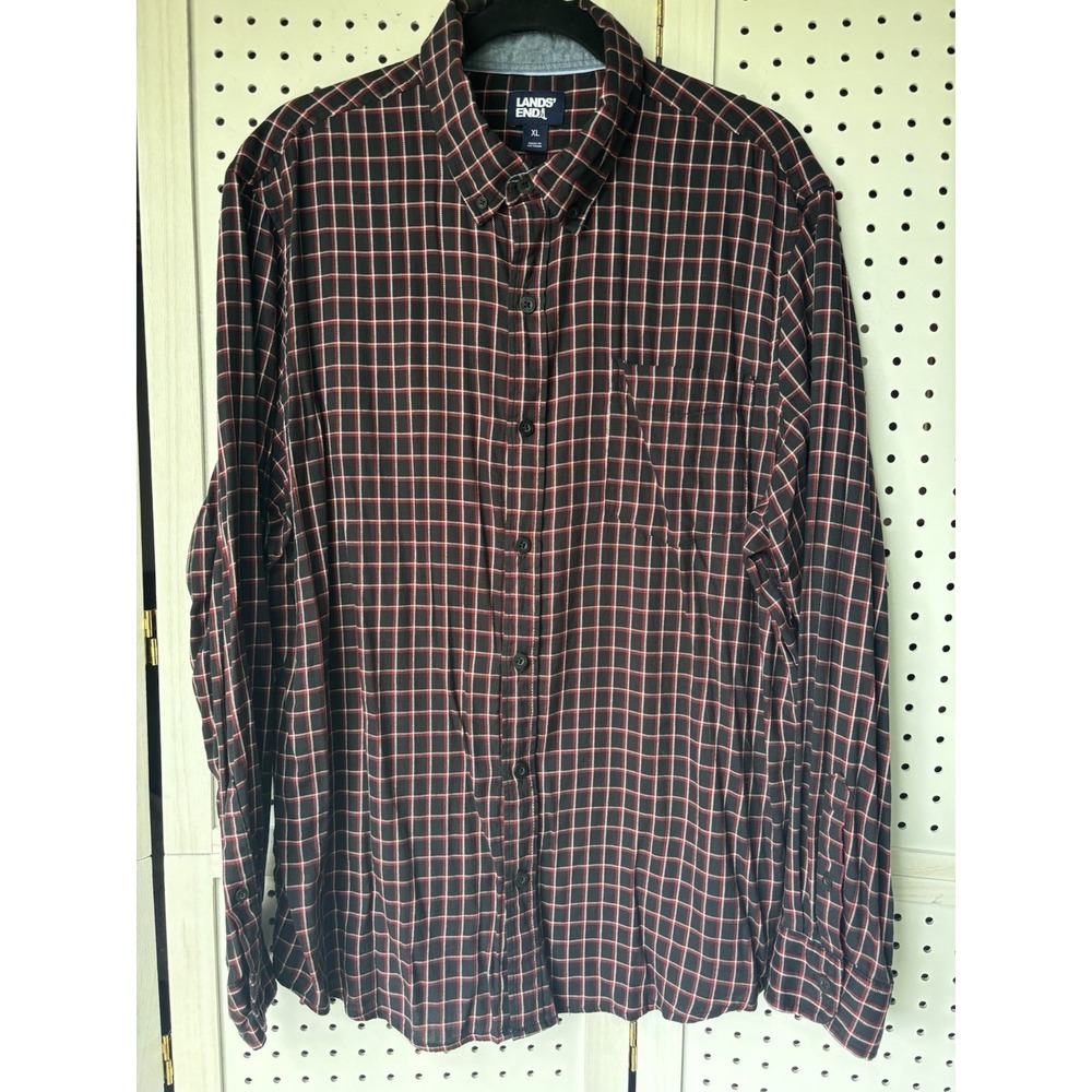 Lands' End Cotton Rayon Button Down Plaid Black Red Men's XL Long SLV Flannel